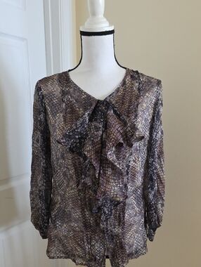 NEW Escada 100% SILK Ruffled Animal-Print Blouse in Brown and Taupe 38 US 8